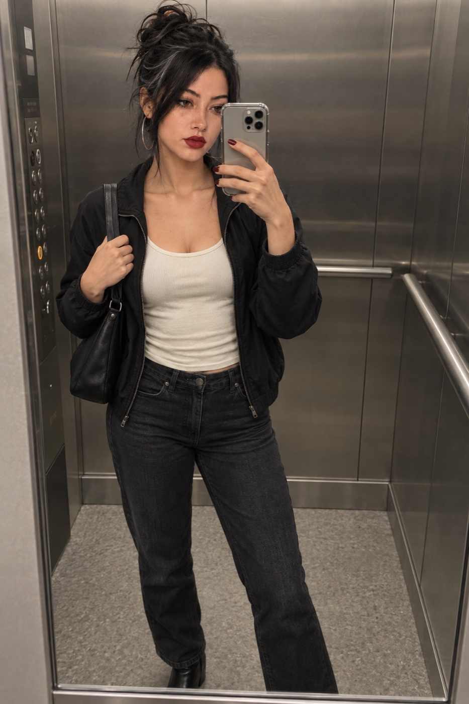 Avery in a black jacket and silver hoops, taking a mirror portrait